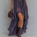 Purple Embroidered High-Neck Sleeveless Ruffle Hem Maxi Dress