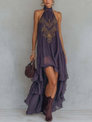 Purple Embroidered High-Neck Sleeveless Ruffle Hem Maxi Dress