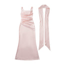 Square Neckline Collarbone-baring Strapless Figure-hugging Pleated Waist-cinching Sheath Skirt