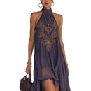 Purple Embroidered High-Neck Sleeveless Ruffle Hem Maxi Dress