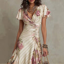 Printed V-neck Defined Waistline Ruffled Hem Dress