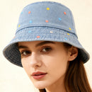 Korean-style Water-washed Embroidered Full-pattern Small Floral Fisherman Hat, Energetic And Cute Flat-top Cap, Suitable For Outdoor Wear.