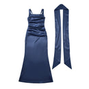 Square Neckline Collarbone-baring Strapless Figure-hugging Pleated Waist-cinching Sheath Skirt