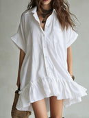Collared Loose Short-Sleeved Ruffled Shirt Dress