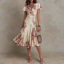 Printed V-neck Defined Waistline Ruffled Hem Dress