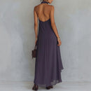 Purple Embroidered High-Neck Sleeveless Ruffle Hem Maxi Dress