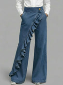 Retro Irregular High-Waist A-Line Denim Trousers