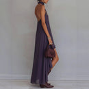 Purple Embroidered High-Neck Sleeveless Ruffle Hem Maxi Dress